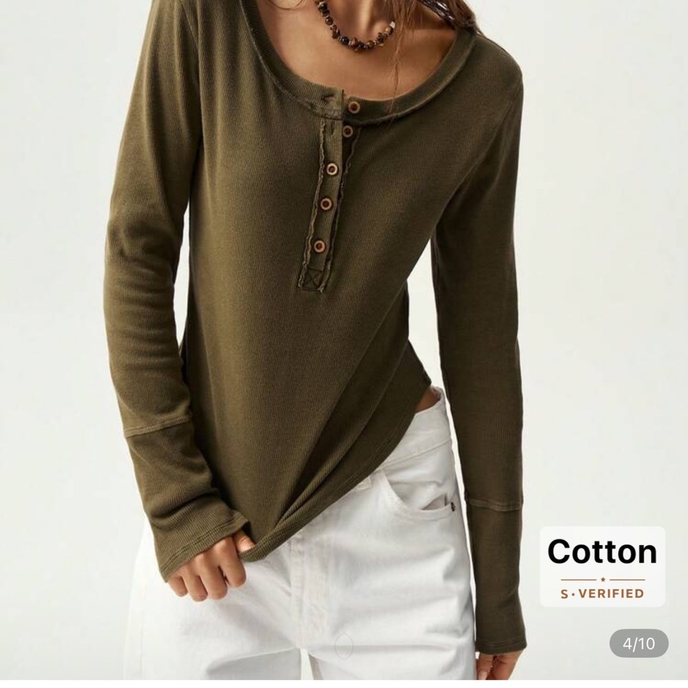 💛 Bohemela Army Green Ribbed Cotton Long Sleeve Top with Buttons (Size S) - Picture 4 of 8